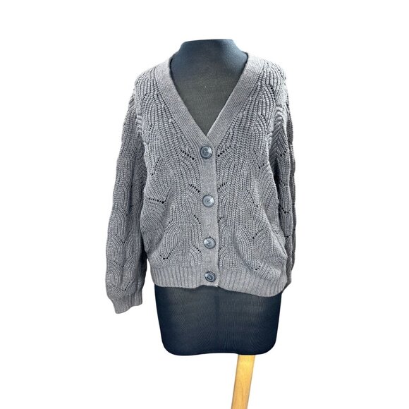 Old Navy Gray Cable Knit Button-Up Cardigan Sweater M 60% Cotton 40% Acrylic Wom - Picture 1 of 11